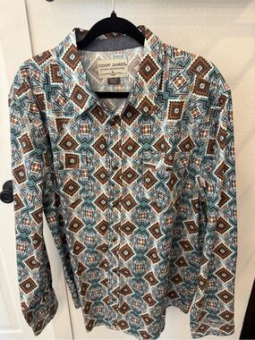 Cody James Teal & Brown Aztec-Print Long-Sleeve Button-Down Shirt